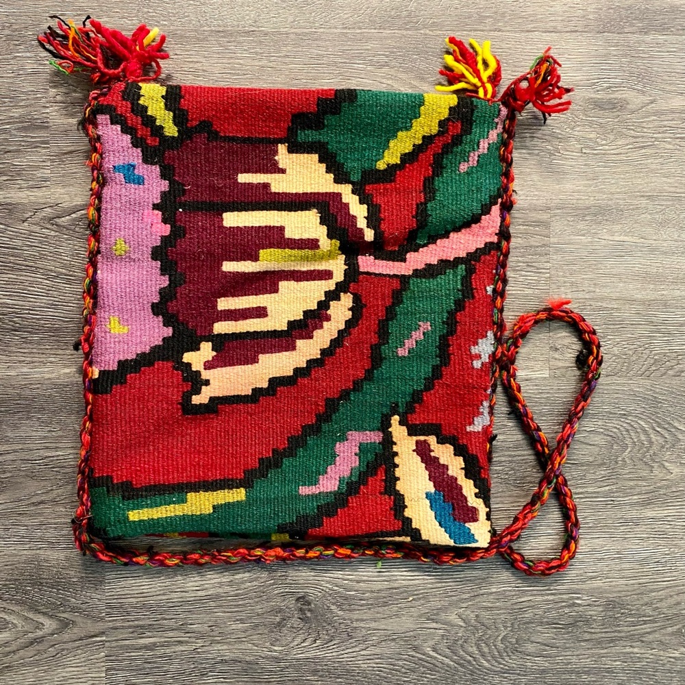 Vintage hand woven thick tool tapestry Aztec print bag